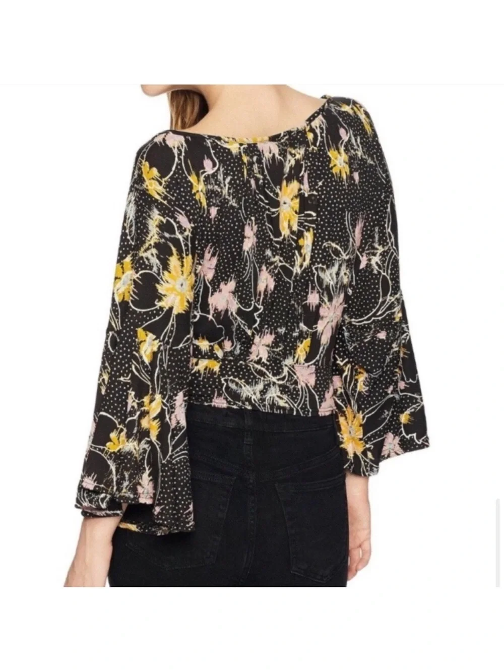 Free People Black Floral Keyhole Bell Sleeve Top with Pink & Yellow Accents